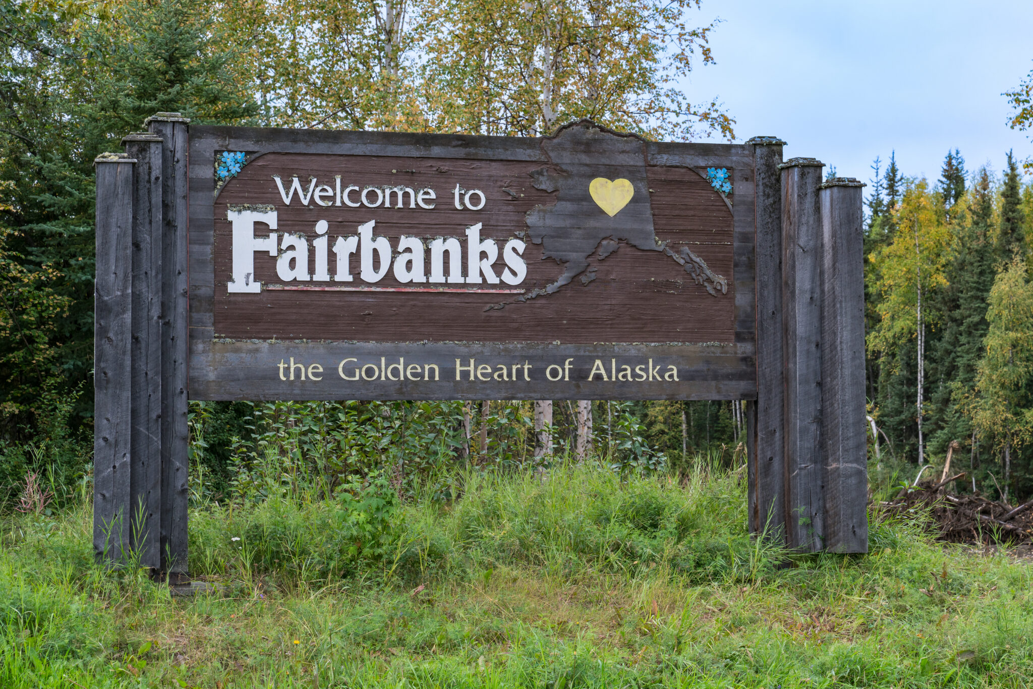 Fairbanks, Alaska - August 28, 2022: Welcome to Fairbanks sign along the highway outside of Fairbanks, Alaska